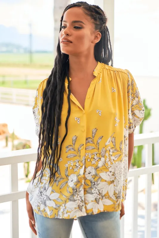 Sierra Top - Short Balloon Sleeve Button Down Shirt in Calla Print sold by Salty Crush