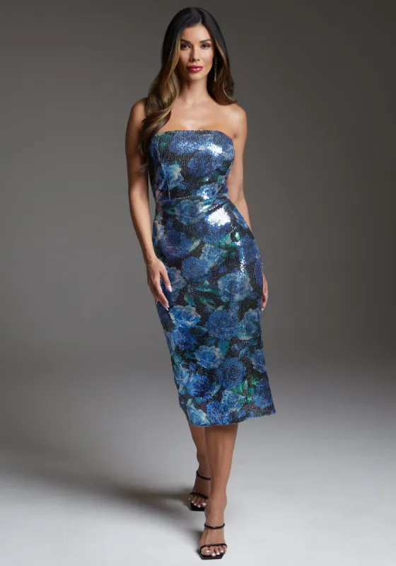 Sequin Strapless Midi Dress sold by Bebe