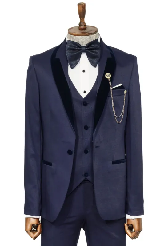 Patterned Velvet Lapel Navy Men Tuxedo - Wessi sold by Wessi