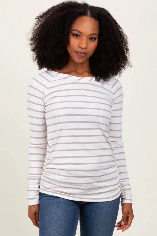 White Striped Ruched Side Long Sleeve Top sold by Pinkblush