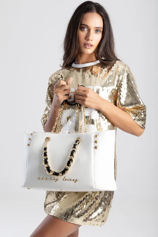 Large Shopper With Snap Button Closure Detail - White sold by Edgars 