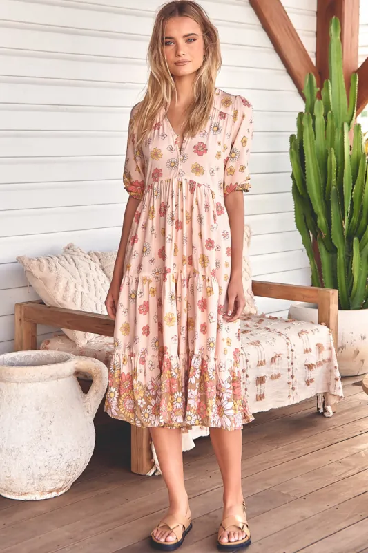 JAASE - Eve Midi Dress: V-Neck Tiered Dress with Option Waist Tie in Daisies Print sold by Salty Crush
