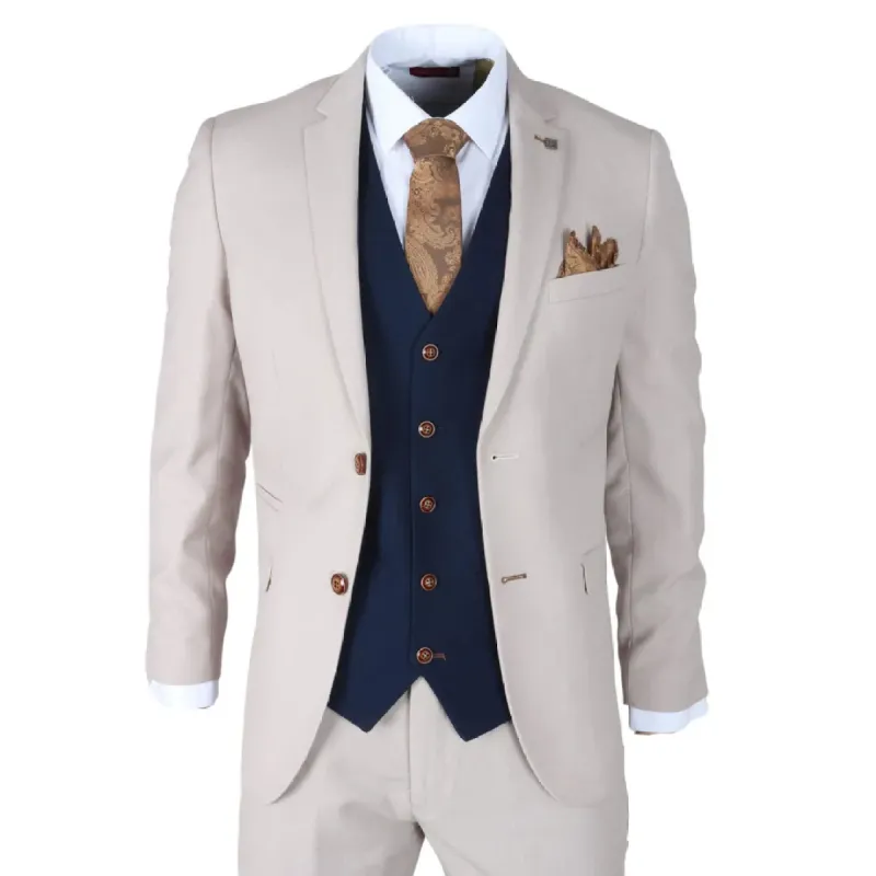 Mayfair - Men's 3 Piece Cream Suit With Navy Waistcoat sold by Tru Clothing