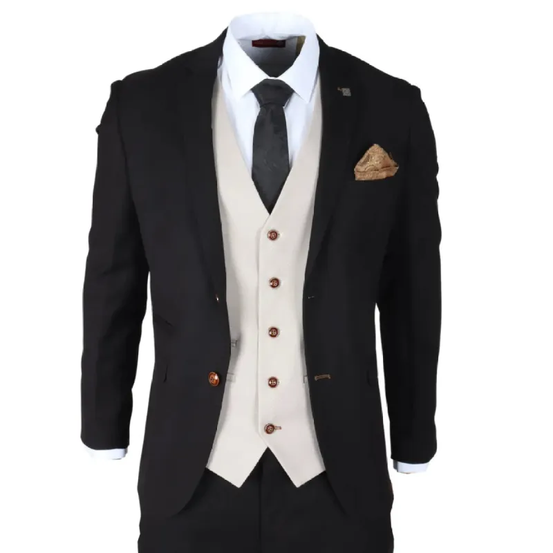 Mayfair - Men's 3 Piece Black Suit With Cream Waistcoat sold by Tru Clothing