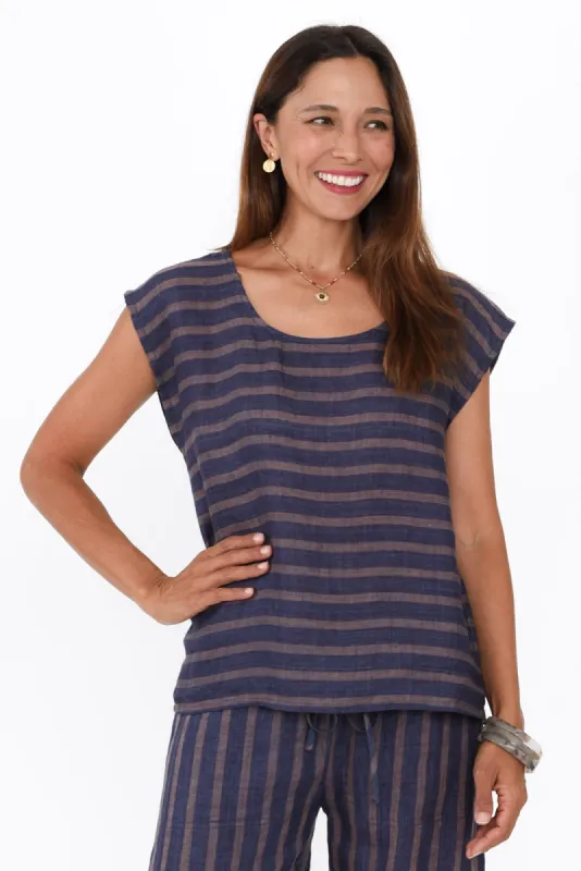 Gabriele Navy Stripe Linen Top sold by Blue Bungalow