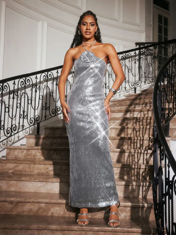 Aamina Halterneck Flower Sequin Maxi Dress sold by Mew Mews