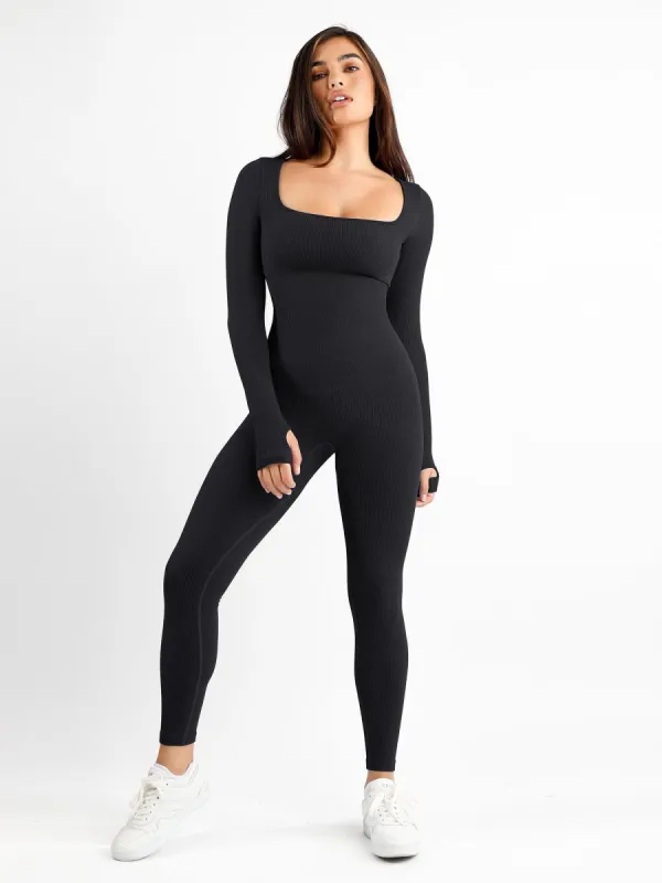 Seamless Thumb Hole Square Neck Long Sleeve Jumpsuit sold by Popilush