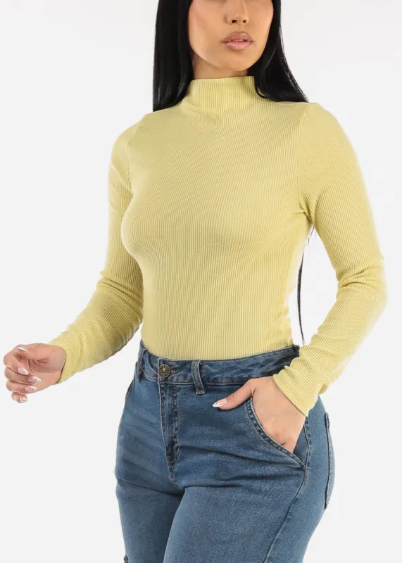 Long Sleeve Mock Neck Ribbed Sweater Top Light Green sold by Moda