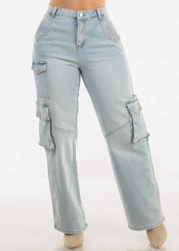 Super High Waist Straight Wide Leg Cargo Jeans Light Wash sold by Moda