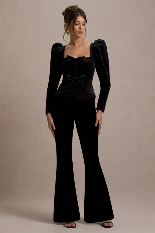 Ramie | Black Velvet Flared-Leg Trousers sold by Club L London