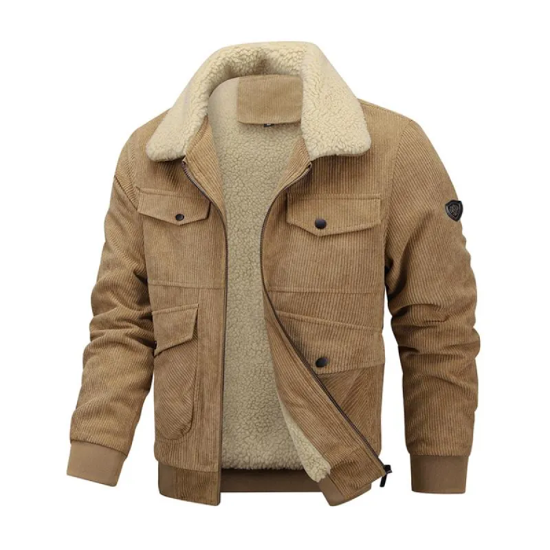 Men's Casual Lapel Corduroy Thickened Lambswool Multi-Pocket Zipper Jacket 14154496M sold by Manly