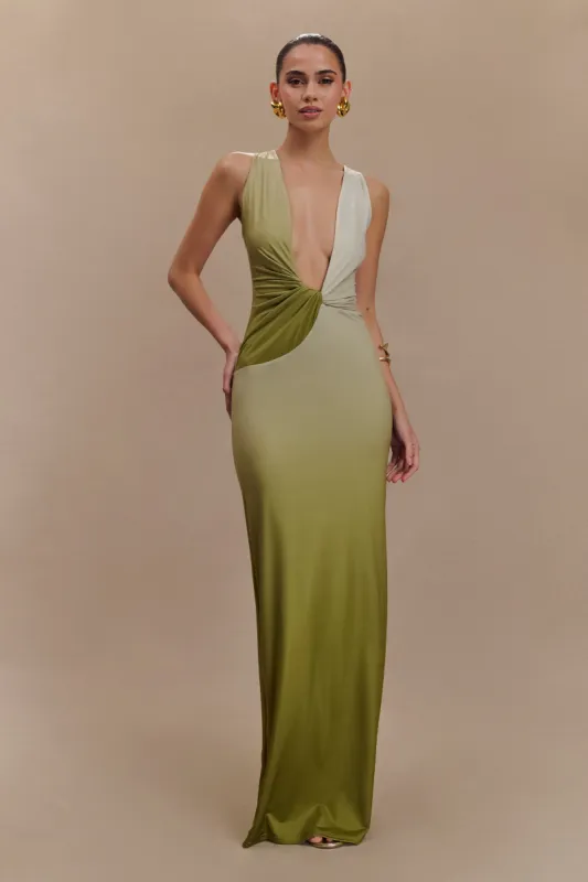 Stella Draped Slinky Maxi Dress - Ombre Vintage Olive sold by Meshki