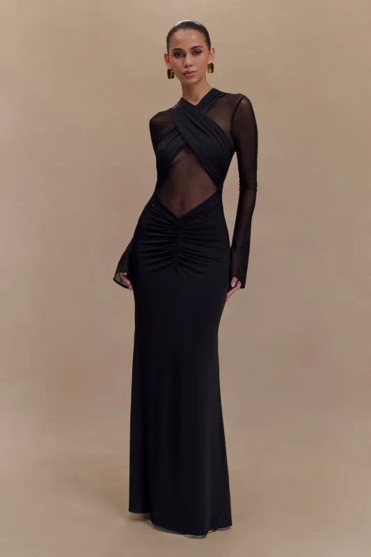 Tania Slinky And Mesh Long Sleeve Maxi Dress - Black sold by Meshki