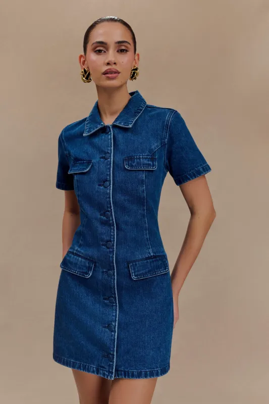 Leighton Denim Button Down Mini Dress - Dark Blue sold by Meshki