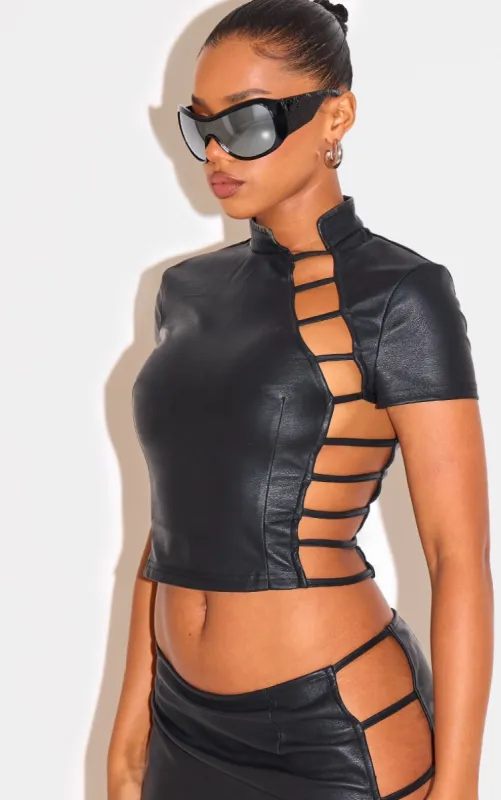 Black Faux Leather Side Open Detail High Neck Top sold by Pretty Little Thing