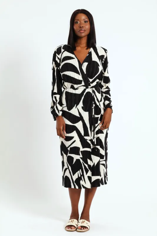 Mock Wrap Plisse Midi Dress - Black/Cream sold by Edgars 
