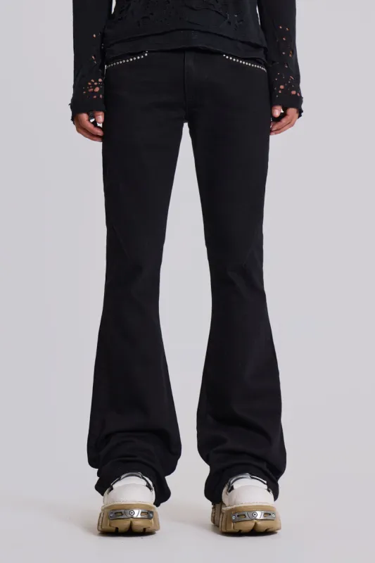 Jet Black Studded Drift Flared Jeans sold by Jaded London