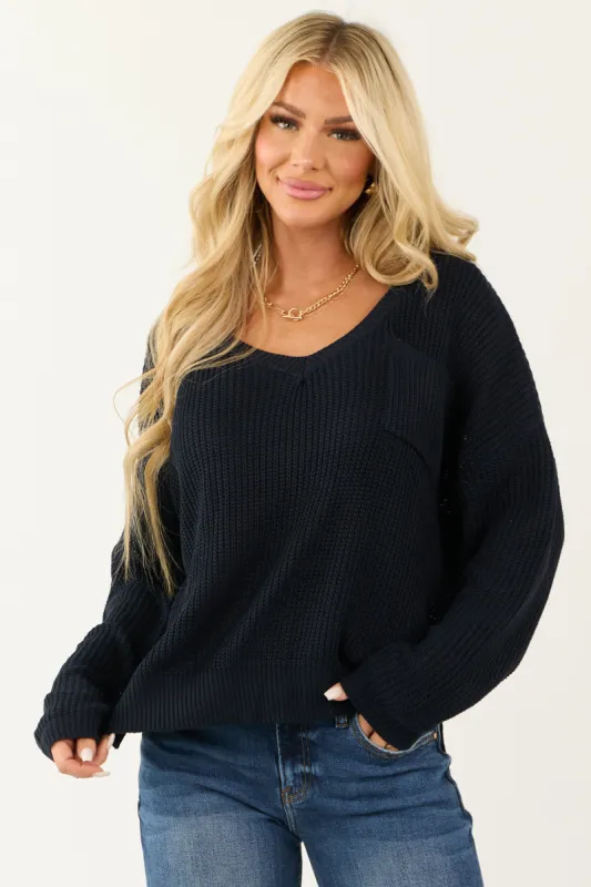 Dark Navy V Neck Chest Pocket Knit Sweater sold by Lime Lush