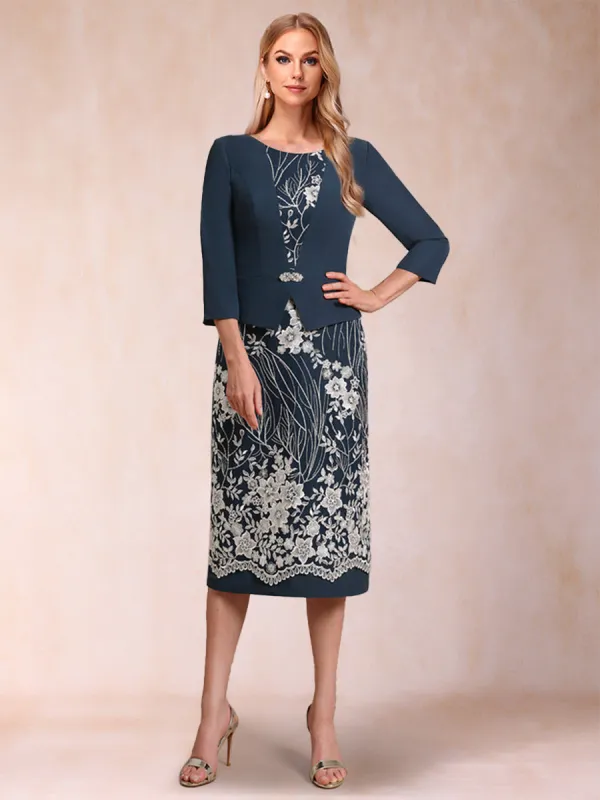 Sheath/Column Scoop 3/4 Sleeves 2 Pieces Mother of the Bride Dresses with Applique sold by Lavetir
