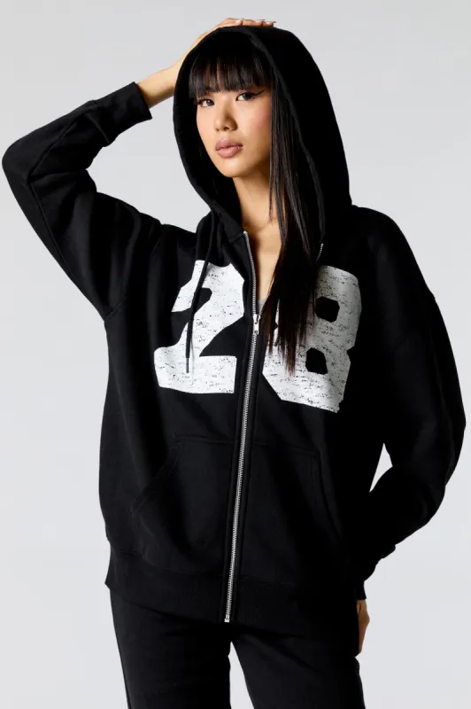 Number Graphic Zip-Up Fleece Hoodie sold by Charlotte Russe