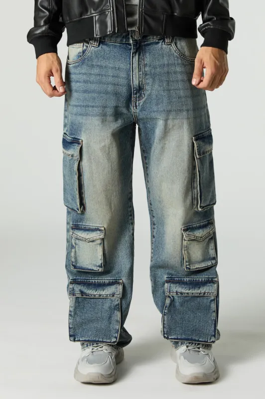 Jean cargo rigide baggy à 6 poches délavé vintage sold by Urban Planet
