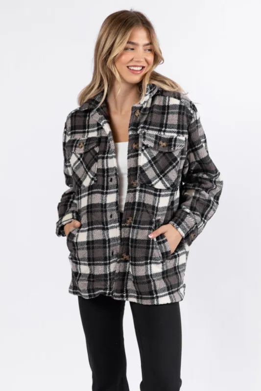 Through The Leaves Black Plaid Sherpa Shacket FINAL SALE sold by Pink Lily
