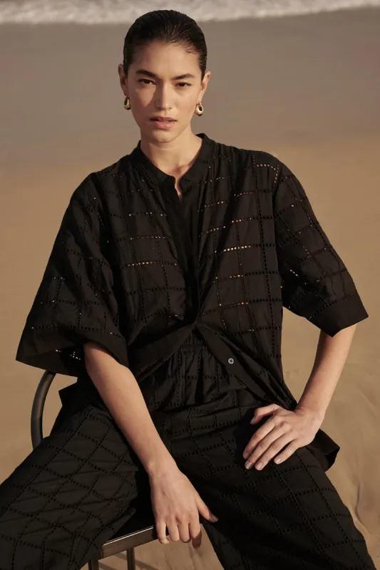 OWEN BLACK SLEEVED BRODERIE SHIRT sold by Dissh