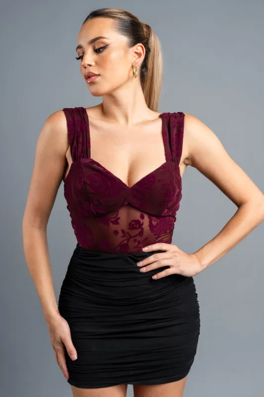 FLORAL PRINT VELVET FLOCKING MESH BODYSUIT sold by privy