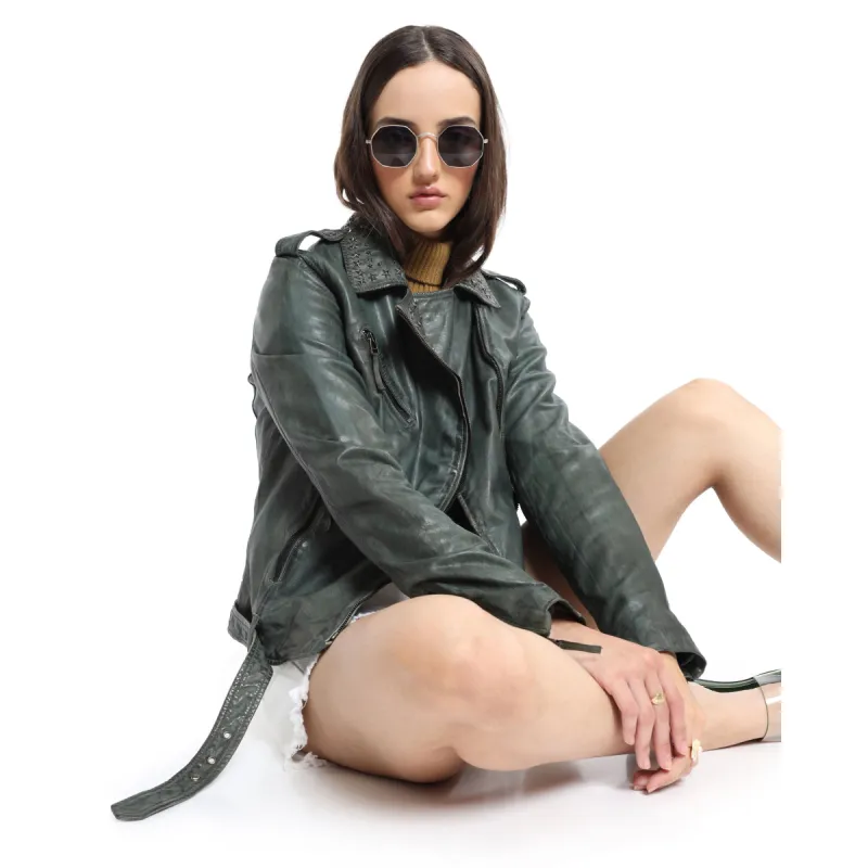 Washed Green Studded  LEATHER Jacket sold by Myra Bag