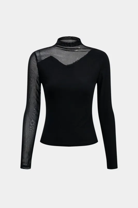 Mesh patchwork langærmet top sold by Micas