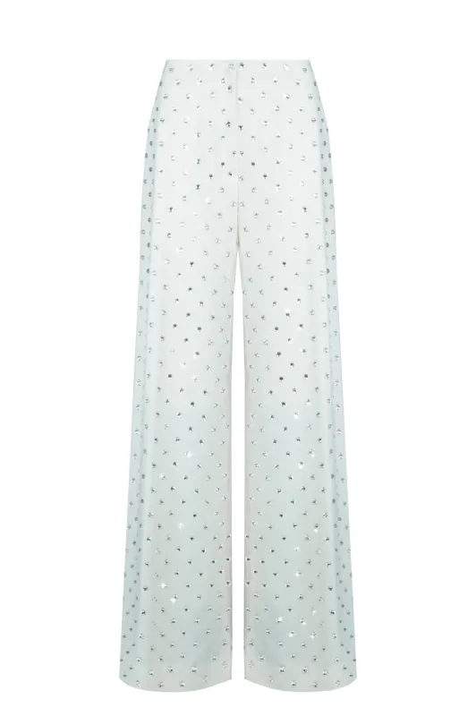 Crystal Rhinestone Embellished Wide leg Trousers in White sold by Santa Brand