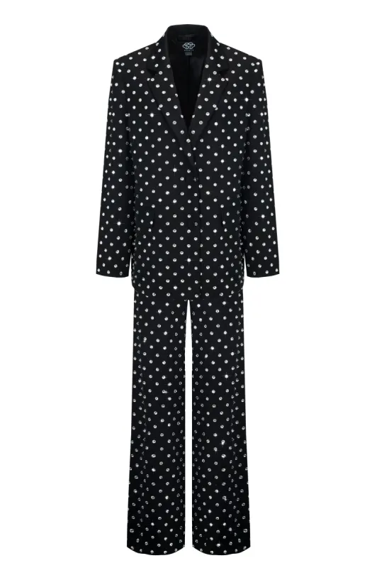 Crystal Rhinestone Embellished Wide leg Trousers in Black sold by Santa Brand