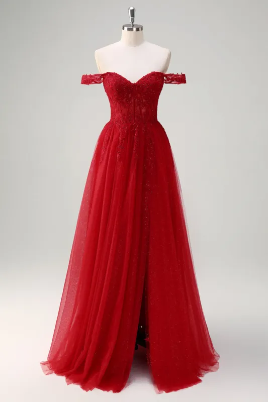 Red A-Line Off the Shoulder Tulle Long Corset Prom Dress with Slit sold by Zapaka