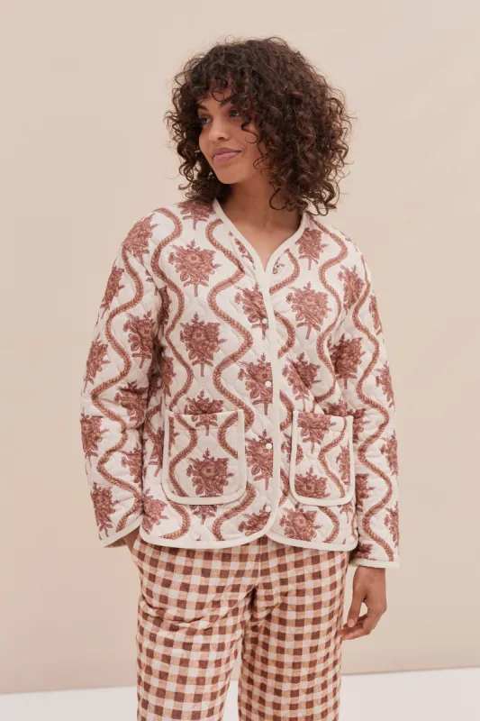 Quilted Jacket in Alpen Flora Print Cream and Brown sold by Desmond & Dempsey