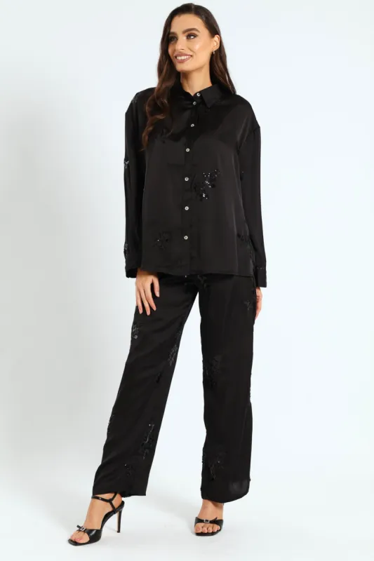 Long Sleeve Sequin Detailed Shirt -  Black sold by Edgars