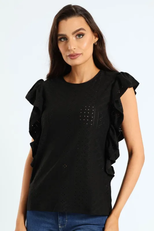 Ruffle Sleeve Top - Black sold by Edgars 