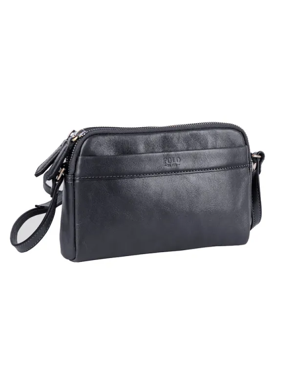 Vega Leather Double Zip Sling Bag - Black sold by Edgars