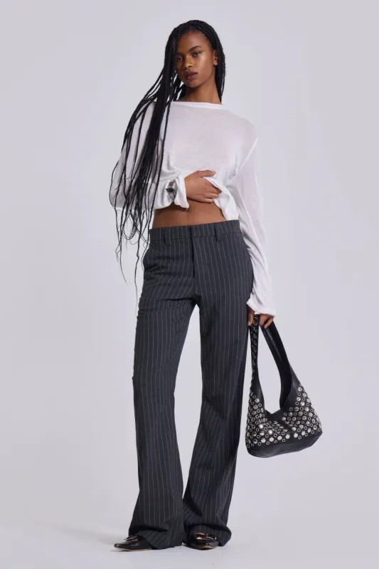 Grey Pinstripe Stacked Bootcut Suit Pants sold by Jaded London