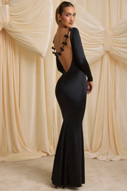 Bow-Detail Ruched Maxi Dress in Black sold by Oh Polly