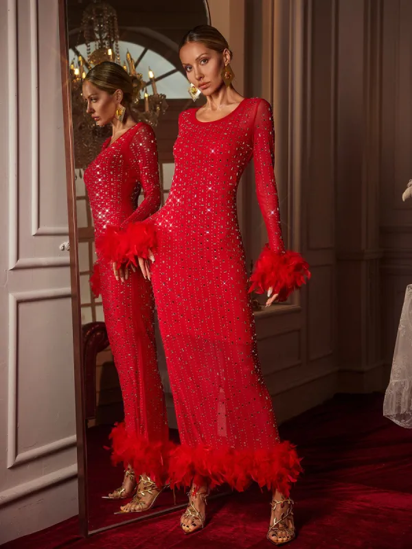 Gaines Rhinestone Feather Mesh Maxi Dress sold by Mew Mews