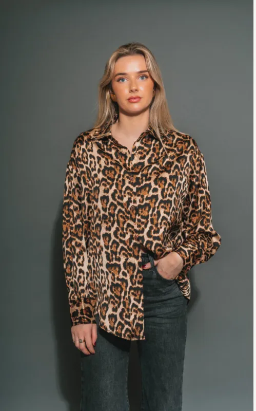 Bianca Satin Button Up Shirt | Leopard sold by Bella Chic