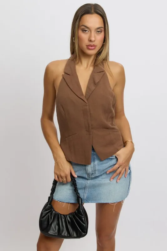 Brown Vest Top V Neck Halter Neck Open Back sold by Ally Fashion