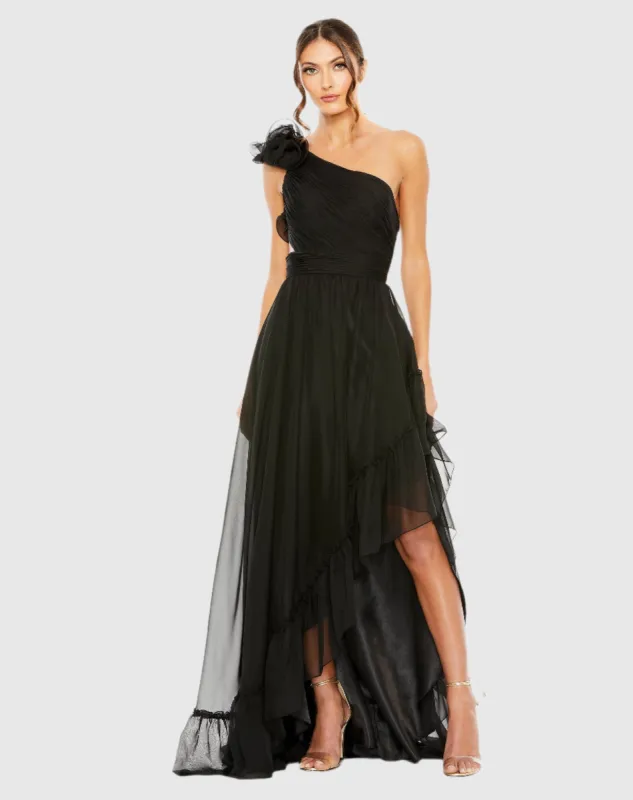 Black Ruffled One Shoulder Asymmetrical Gown sold by Mac Duggal