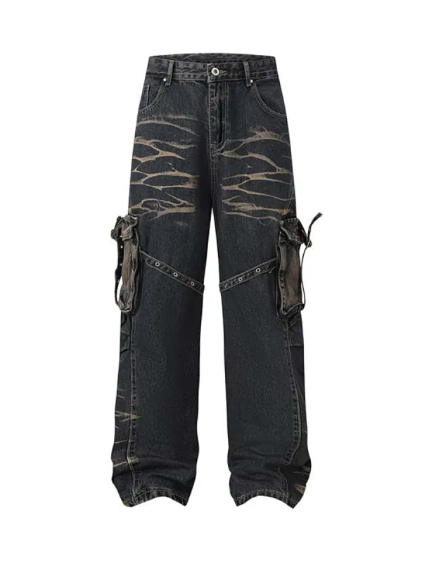 Vintage Washed Distressed Multi Pocket Cargo Jeans sold by Thesupermade