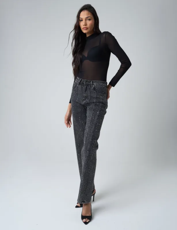 Embellished Straight Leg High Waisted Jeans Black sold by Public Desire