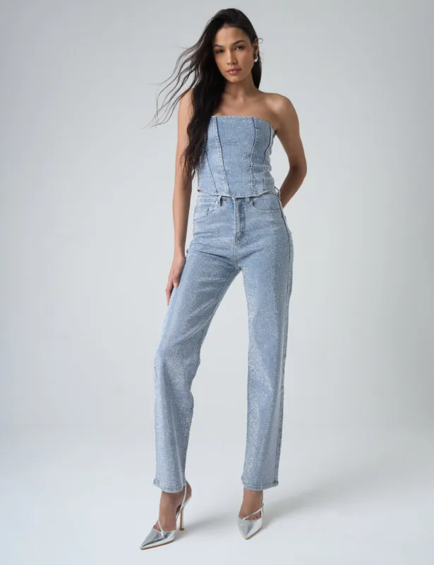 Diamante Straight Fit High Rise Denim Jeans Blue sold by Public Desire