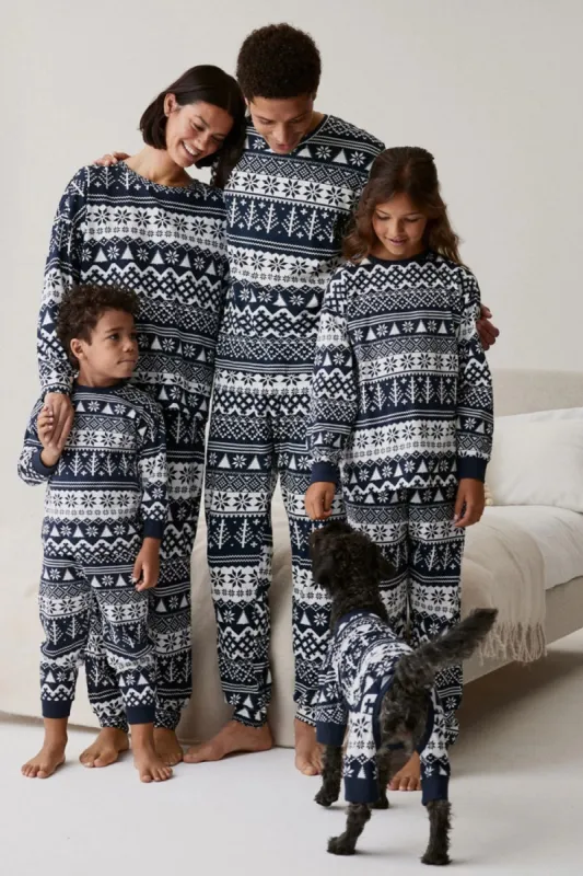 Navy Christmas Snowflake and Tree Printed Family Pajama Sets sold by Zapaka