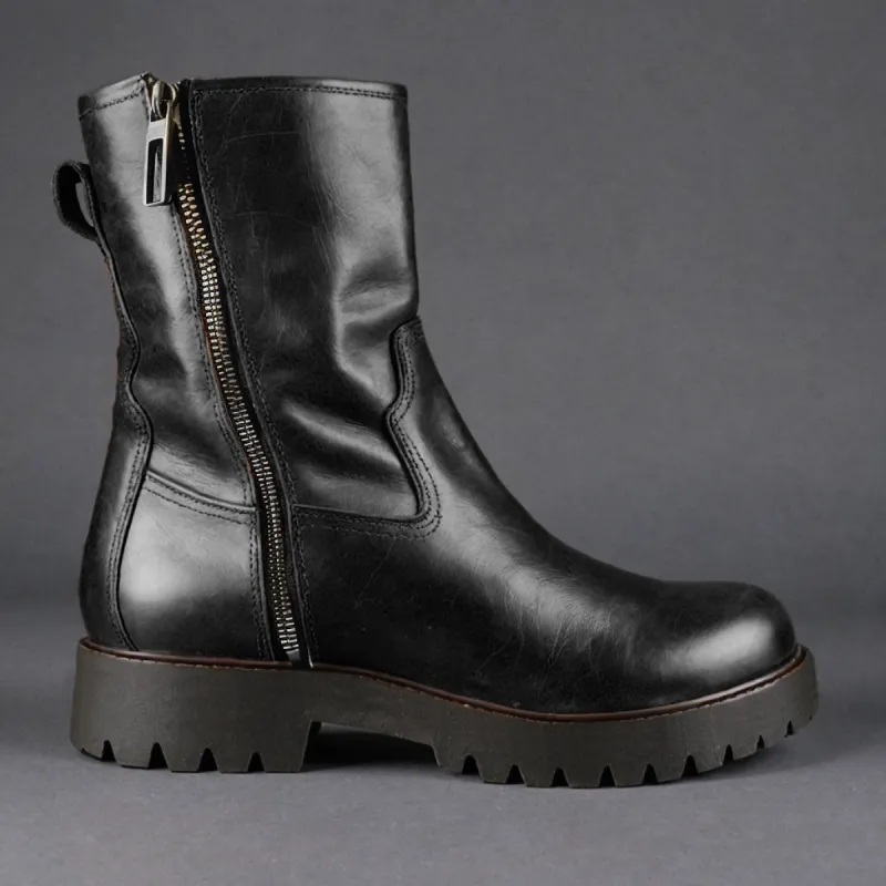 Black Leather Massimiliano With Thick Sole Zipper Boots sold by Costoso Italiano