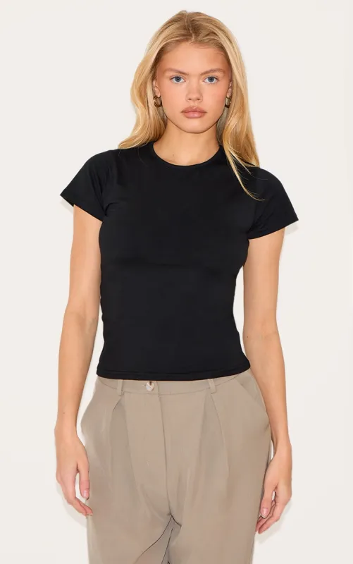 Basic Black Cotton Blend Fitted Crew Neck T Shirt sold by Pretty Little Thing