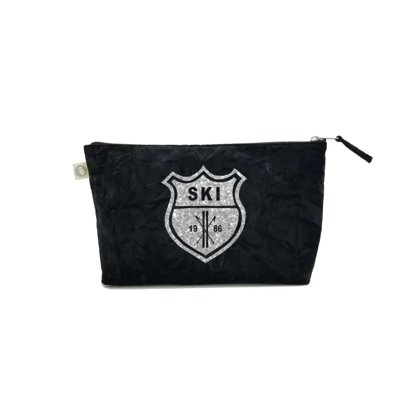Clutch Bag Black Velvet with Silver Glitter SKI Patch sold by Quilted Koala